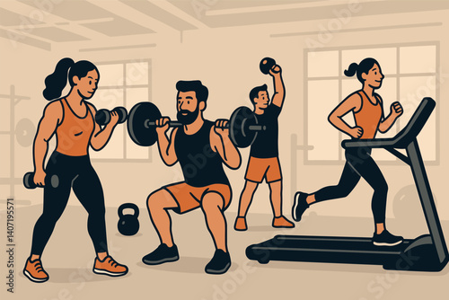 Fitness enthusiasts engaged in gym activities and exercise routine
