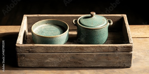 vintage military equipment, wooden crate holds canteen and mess kit from wwii, illuminated to showcase scratches and wear for dramatic effect