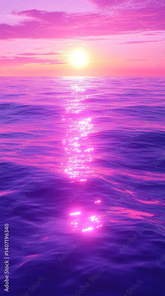 Obraz premium Ocean horizon sunset casting a shimmery, pink glow upon rippling waves with cloudy sky