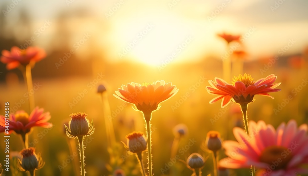 Obraz premium Golden hour sunbeams on vibrant wildflowers.