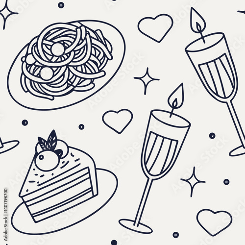Stylish Dinner Party Background: Seamless Minimalist Line Art Pattern Featuring Food and Decor Doodles