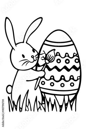 Detailed Coloring Page of a Bunny Painting an Easter Egg: Fun and Creative for All Ages with Copy Space
