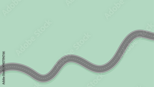 A winding dark gray road with dashed white lines runs from left to right on a green background.