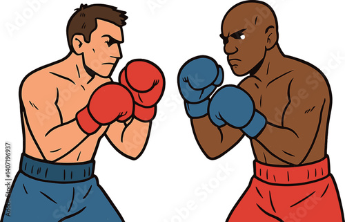 Intense boxing match between two competitors in colorful gear