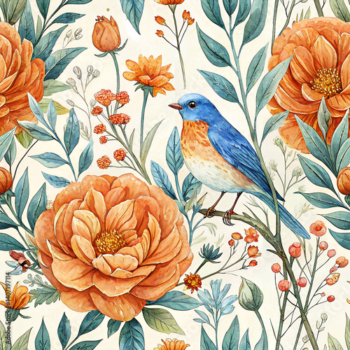 Watercolor Abstract Illustration Set: Hand-Painted Orange Peonies, Blue Bird, Wildflowers, and Leaves for Spring