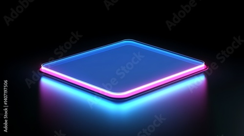 Modern floating neon square rectangle frame glowing with soft animated blue and pink light motion against dark background futuristic minimal 3D render
