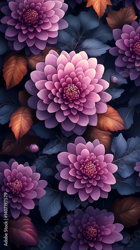Vibrant Purple Flowers Phone Wallpaper Surrounded by Dark Green Leaves & Golden Autumn Leaves | Nature Mobile Background

