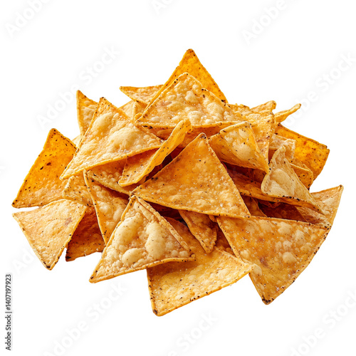 Pile of delicious crispy tortilla chips snack food item  isolated on transparent  background