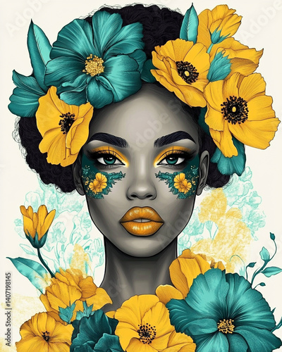 Illustration sketch drawing collage - beautiful black woman with flowers on her face. Vertical banner for beauty parlor or spa. Teal and yellow colors	