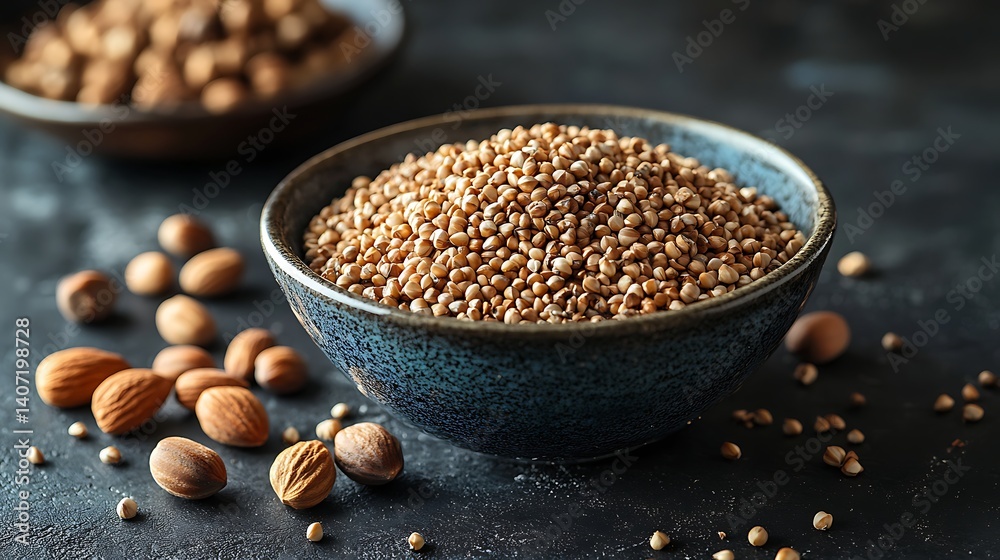 nutritious bowl of buckwheat and mixed nuts sitting on a dark background with loose nuts adding a natural food aesthetic nutritious bowl of buckwheat and mixed nuts sitting on a dark background with loose nuts adding a natural food aesthetic