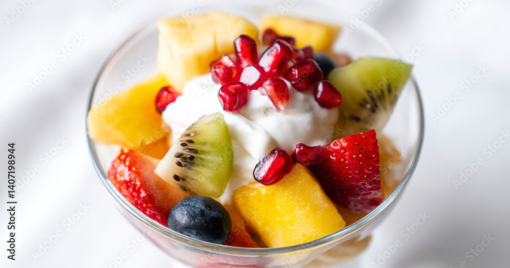 Fresh Fruit Salad with Yogurt and Vibrant Colors in a Glass Bowl. Fresh Fruit Salad with Yogurt and Vibrant Colors in a Glass Bowl.