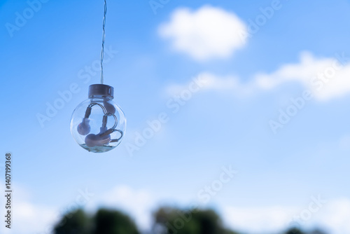 Light bulbs hanging on a lake in a bright morning with a cloudy sky