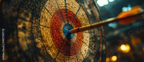 An arrow strikes the bullseye in a wooden target with concentric rings. Aim and precision achieved