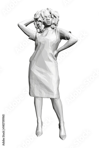 A woman in a white dress is posing for a picture. She is standing with her arms crossed and her head tilted to the side. The image has a minimalist feel, with the focus on the woman's pose