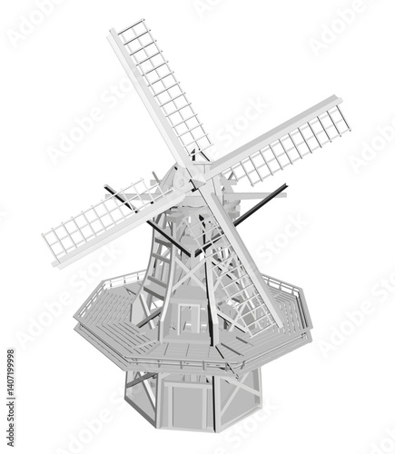 A windmill is depicted in a white and black color scheme. The windmill is a tall structure with a large, four-sided sail. Concept of strength and stability, as the windmill stands tall