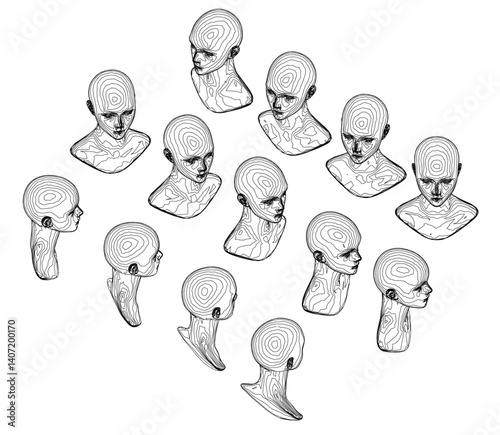 A series of drawings of heads with the first one being the leftmost. The drawings are all in black and white. Isometric view