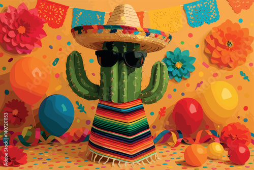 Festive cactus with sombrero and poncho celebrating cinco de mayo in vibrant party setting