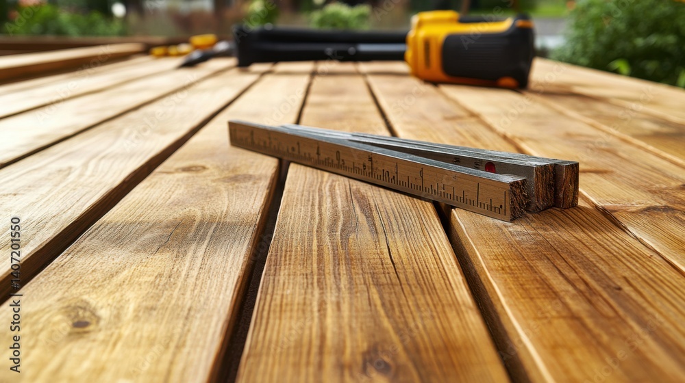 Carpenter measuring and cutting wooden planks for a deck. Featuring precision and craftsmanship Carpenter measuring and cutting wooden planks for a deck. Featuring precision and craftsmanship