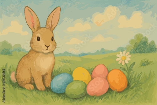 Charming easter bunny with colorful eggs in a spring meadow scene