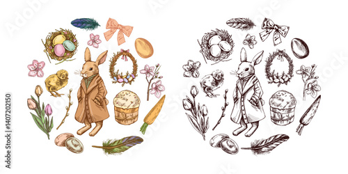 Vintage hand drawn colored and black Easter composition with bunny, eggs, flowers, and festive elements in sketch style