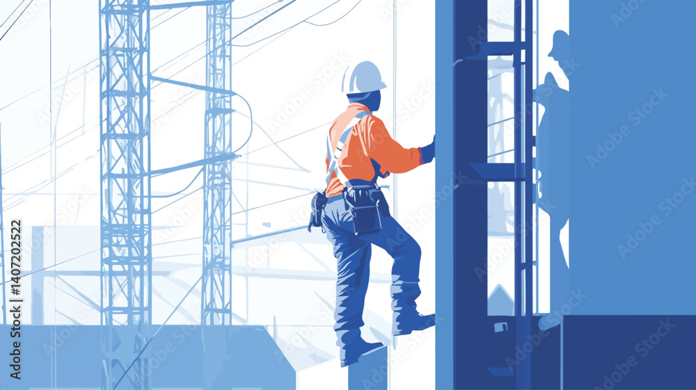 custom made wallpaper toronto digitalA vector illustration depicting a female construction worker wearing a hard hat and safety gear, standing on a platform at a significant height. The background includes blurred elements suggesting