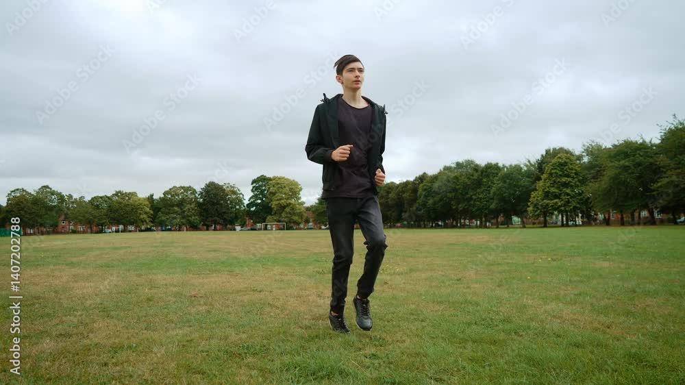 Teenager running back on grassy field in urban park in Britain. Young man jogging backward on lawn in city park in UK. Boy moving in reverse on grass in park in England. Young male sprinting backward Teenager running back on grassy field in urban park in Britain. Young man jogging backward on lawn in city park in UK. Boy moving in reverse on grass in park in England. Young male sprinting backward