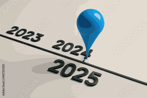 Time progression concept with pinpoint on 2024 for future planning and milestones