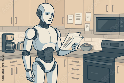 Robot reading in modern kitchen environment for smart home technology and automation concepts