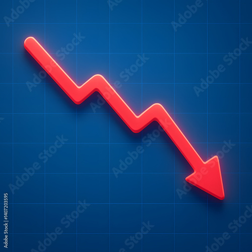 Free Download Financial crisis concept: Glowing red arrow pointing down, symbolizing stock market decline, recession, or business loss on a blue grid background. 3D illustration for economic downturn data. - GFXLoad