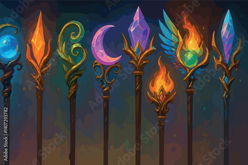 Enchanted magical staffs with crystals and elements for fantasy design and decoration