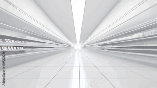The image shows a digitally rendered, long perspective view down a supermarket aisle.  The entire scene is rendered in varying shades of white and off-white