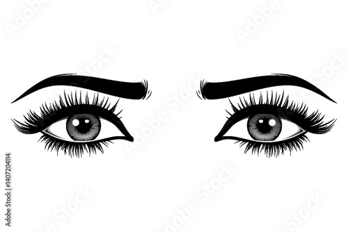 Beautiful female eyes with big lashes and eyebrows. Eyeliner glamour makeup. Vector icon