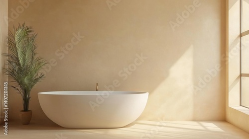 Modern bathroom with a large white bathtub in the center. the bathtub is oval-shaped and has a gold faucet on top.