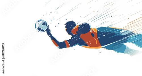 The image is a stylized vector illustration depicting a soccer goalkeeper in a dynamic diving save. The goalkeeper is rendered in shades of blue and orange, with a silhouette-like quality