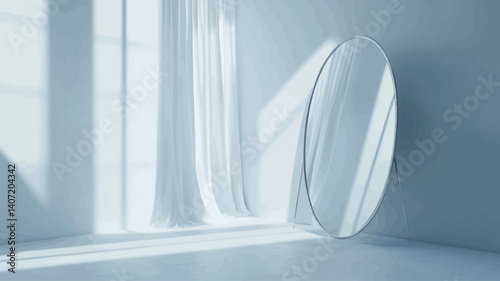 The image shows a large, oval-shaped mirror standing upright in the corner of a brightly lit room. The room is predominantly white, with sheer white curtains draping along a window to the left