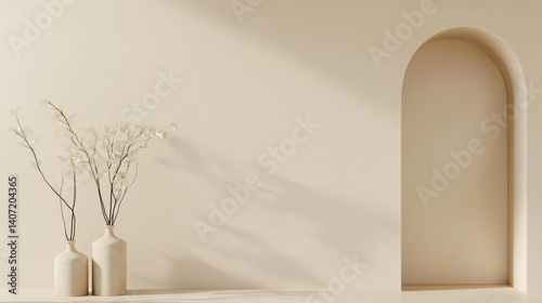 Corner of a room with a white wall and a beige archway on the right side. on the left side of the image, there are two white vases with long stems and white flowers in them.