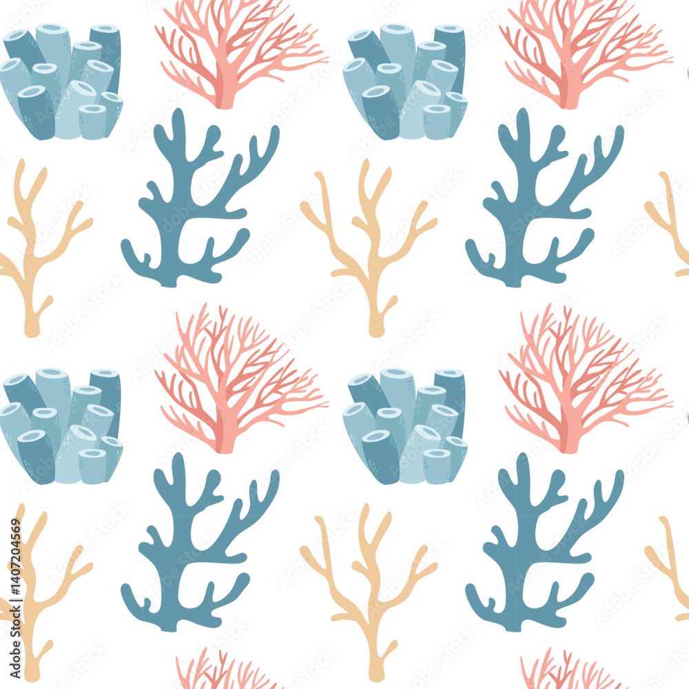 Fototapeta premium Repeating seamless pattern with hand drawn corals. Summer sea background. Minimalist marine silhouettes. Vector illustration