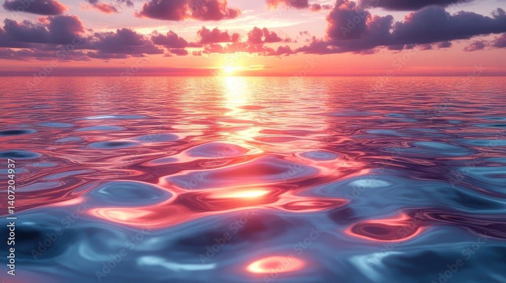 Fototapeta premium Ocean reflects a vibrant sunset, with colors blending across the water's surface