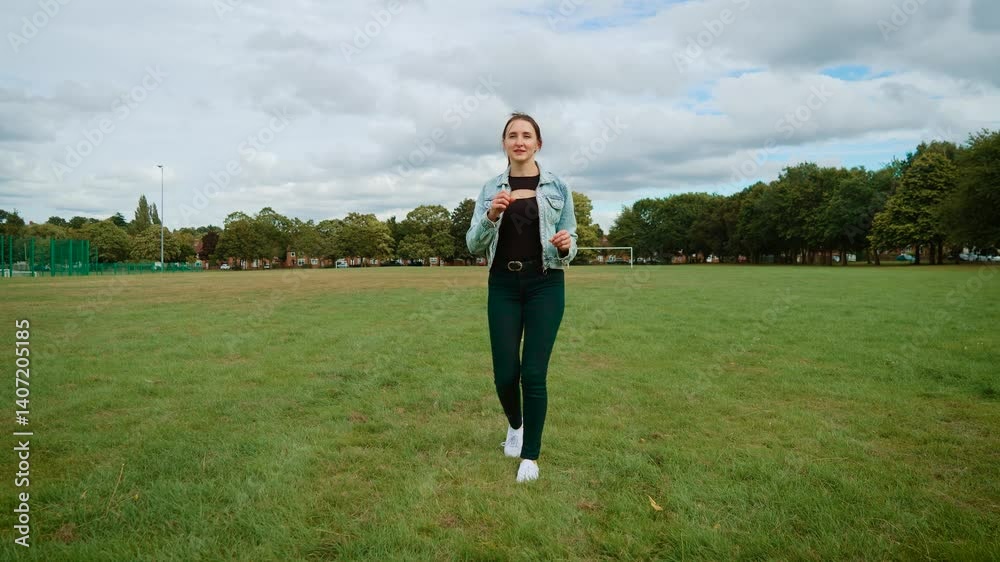 Young woman sports walking on grassy field in park in Britain. Young female power walking across recreation ground in UK. Adult girl briskly walking with purpose through open park area in England Young woman sports walking on grassy field in park in Britain. Young female power walking across recreation ground in UK. Adult girl briskly walking with purpose through open park area in England
