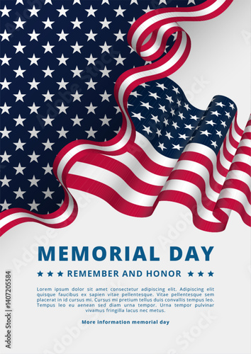 Memorial Day background with waving American flag decoration. Vector design for American memorial day. Waving United States flag vector design.