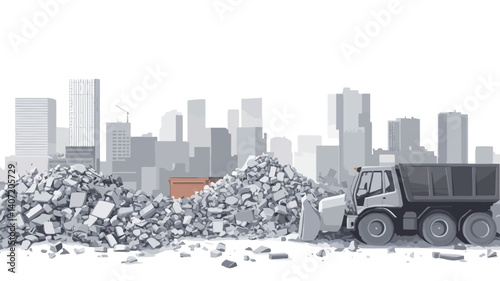 A digital illustration depicts a pile of demolition debris in the foreground. A dump truck and what appears to be an excavator are partially visible near the debris pile.  The background features