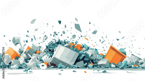 A digital rendering depicts an explosion of primarily light-blue and orange geometric shapes, predominantly cubes, against a white background. The shapes are fragmented into various sizes 