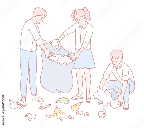 A group of individuals engaged in a community clean-up, gathering litter and promoting environmental awareness.