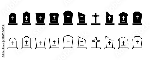 Set of grave vector icons. Gravestone or memorial icon. Vector 10 Eps.