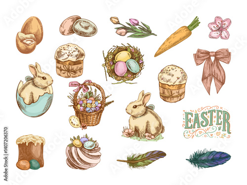 Hand drawn colored vintage Easter set with rabbits eggs bows flowers food and holiday symbols