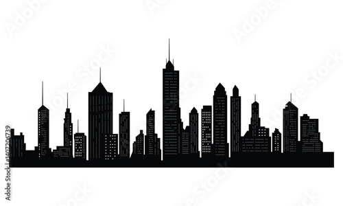 Black cities silhouette. Horizontal skyline in flat style isolated on white. Cityscape with windows, urban panorama of night town.