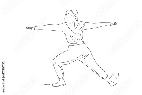 Muslim woman wearing hijab doing pilates. Hijabi pilates concept one-line drawing