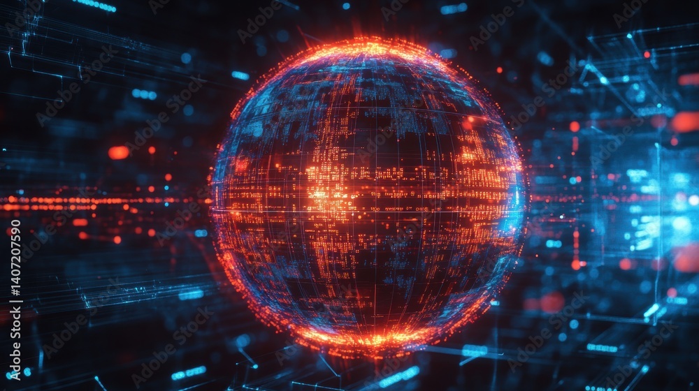 Obraz premium Abstract Digital Sphere with Neon Lights, Data Patterns, and Futuristic Elements Representing Global Connectivity and Technology Innovations in a Virtual Environment
