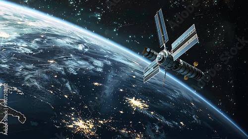 Wallpaper Mural Satellite Orbiting Earth at Night: A Stunning View of Technology and Exploration Torontodigital.ca