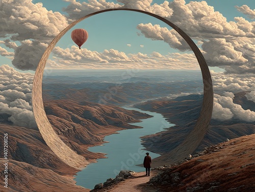 Surreal Gateway: An enigmatic landscape of rolling hills, serene river, and a floating balloon encapsulated within a colossal circular portal, creating a sense of wonder and exploration.